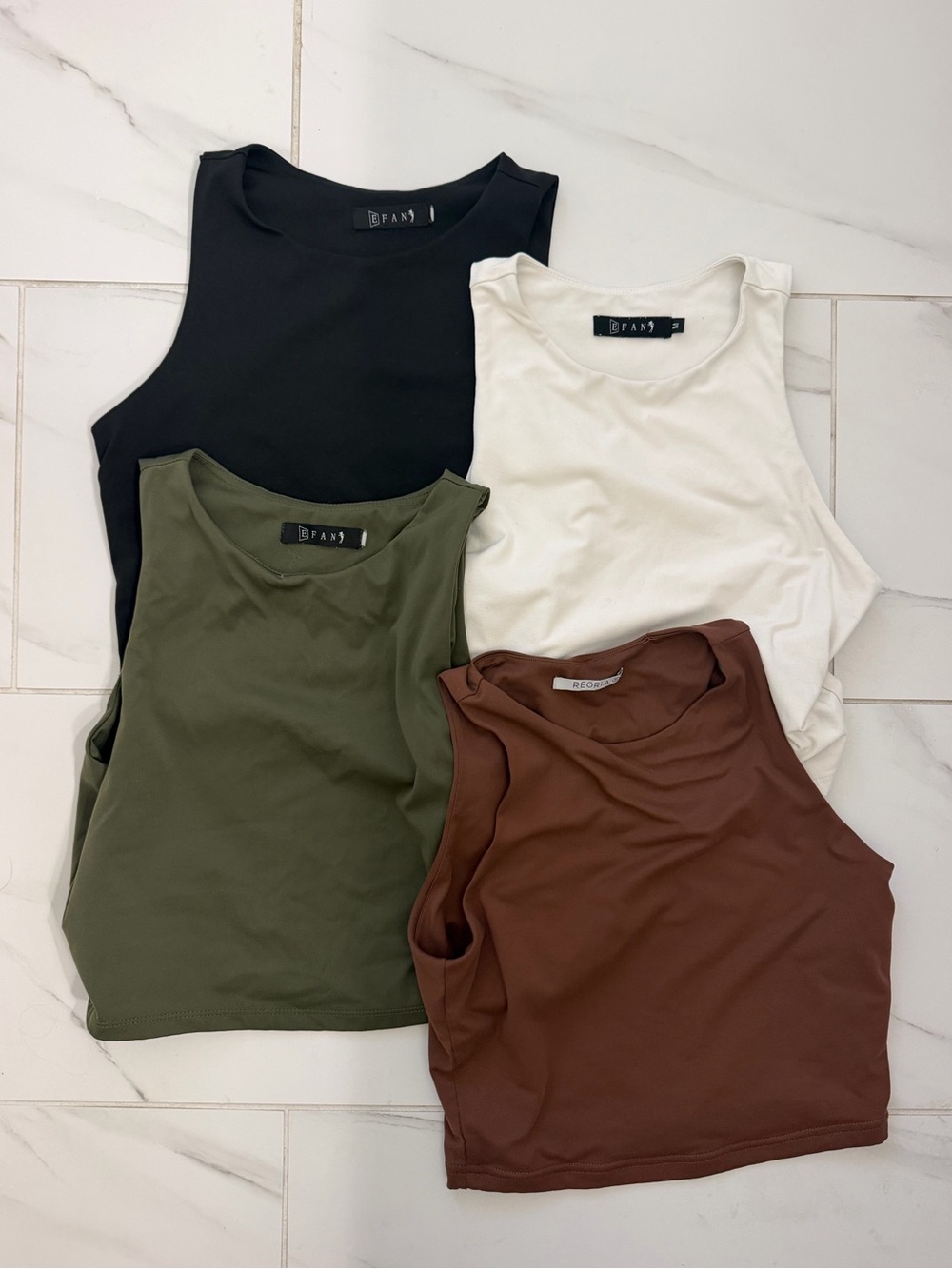 BUNDLE - 4 Crewneck Crop Tank Tops — Black, White, Olive, Brown